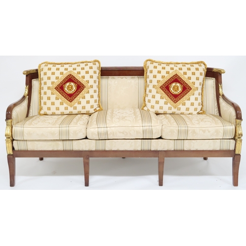 2107 - A CONTEMPORARY LOUIS XVI STYLE THREE SEATER SETTEE with cream Damask upholstery on shaped frame with... 