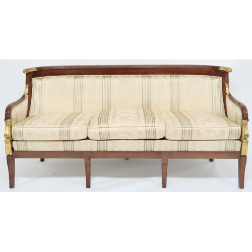 2107 - A CONTEMPORARY LOUIS XVI STYLE THREE SEATER SETTEE with cream Damask upholstery on shaped frame with... 