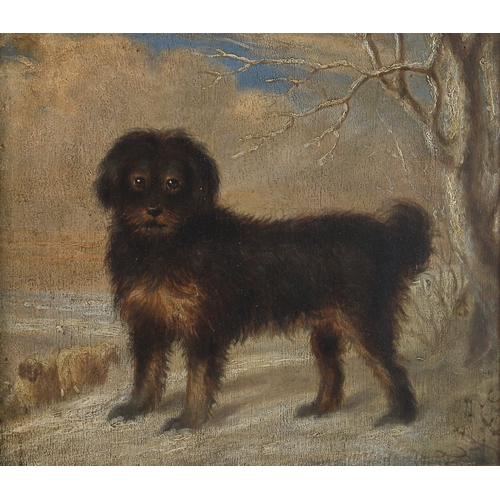 3022 - NAIVE SCHOOL (19TH CENTURY)TERRIER IN A WINTER LANDSCAPEOil on board, 24 x 27cm (9.5 x 10.5