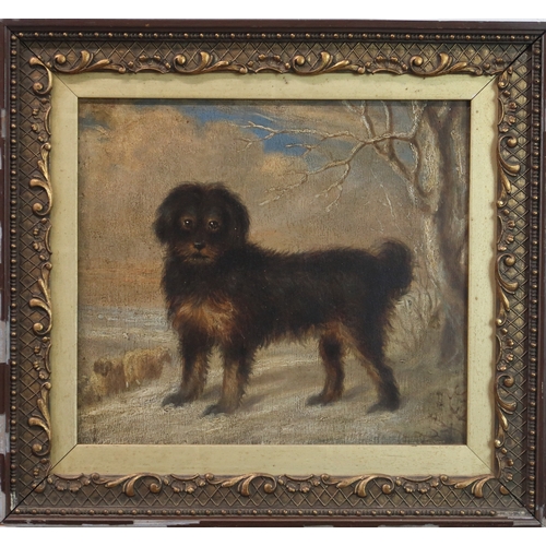 3022 - NAIVE SCHOOL (19TH CENTURY)TERRIER IN A WINTER LANDSCAPEOil on board, 24 x 27cm (9.5 x 10.5