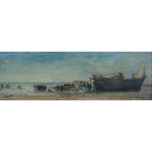 3021 - FOLLOWER OF COROTUNLOADING THE BOATSOil on canvas laid on panel, bearing signature, 10 x 30cm (3.9 x... 