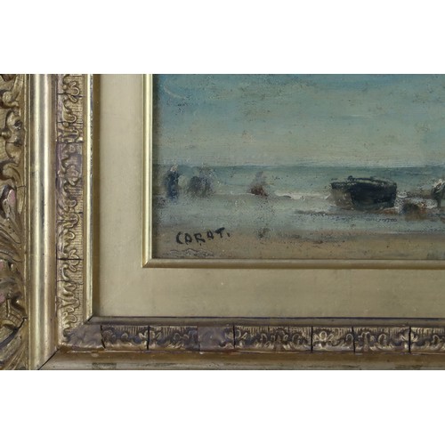 3021 - FOLLOWER OF COROTUNLOADING THE BOATSOil on canvas laid on panel, bearing signature, 10 x 30cm (3.9 x... 