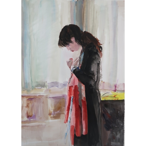 994 - DAVID REMFRY MBE RA RWS (BRITISH B.1942) WOMAN STANDING IN AN INTERIOR Watercolour, signed lower rig... 