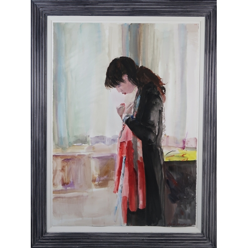 994 - DAVID REMFRY MBE RA RWS (BRITISH B.1942) WOMAN STANDING IN AN INTERIOR Watercolour, signed lower rig... 