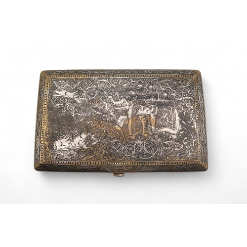 An Indian white metal cigarette case, engraved with figures on elephants on a scrolling foliate ground, 12.5 x 7.5cm, 134gms