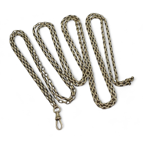 702 - A yellow metal guard chain, the clasp stamped 9c, length 164cm, weight 29.2gms