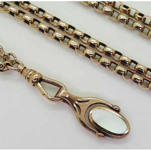 703 - A 9ct gold guard chain with 9ct gold mother of pearl and onyx swivel fob, hallmarked 9ctto the clasp... 