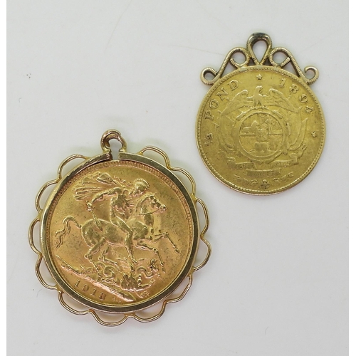 705 - A 1913 full gold sovereign in 9ct pendant mount together with a 1/2 pond 1894 gold coin with yellow ... 