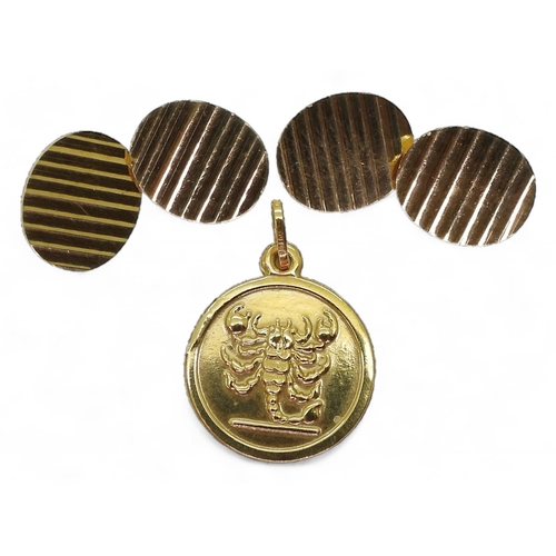 710 - A pair of 18ct gold Italian made cufflinks, together with an 18ct Scorpio pendant, weight combined 8... 