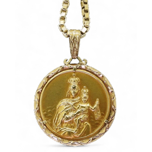 712 - An 18ct 50cm gold box chain with a bright yellow metal holy medal pendant, weight together 20.5gms