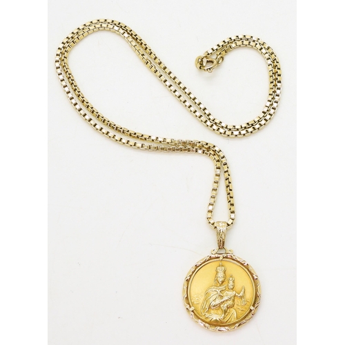 712 - An 18ct 50cm gold box chain with a bright yellow metal holy medal pendant, weight together 20.5gms