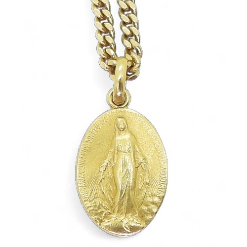 722 - An 18ct gold 52cm curb chain with a bright yellow metal holy medal. Weight 21.6gms