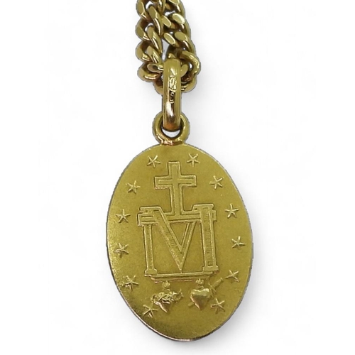 722 - An 18ct gold 52cm curb chain with a bright yellow metal holy medal. Weight 21.6gms