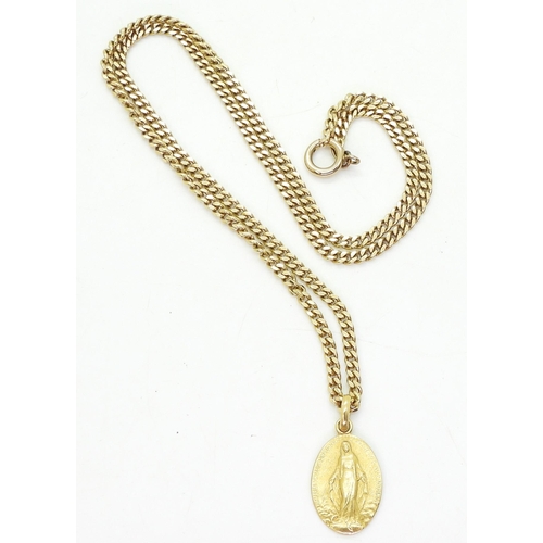 722 - An 18ct gold 52cm curb chain with a bright yellow metal holy medal. Weight 21.6gms