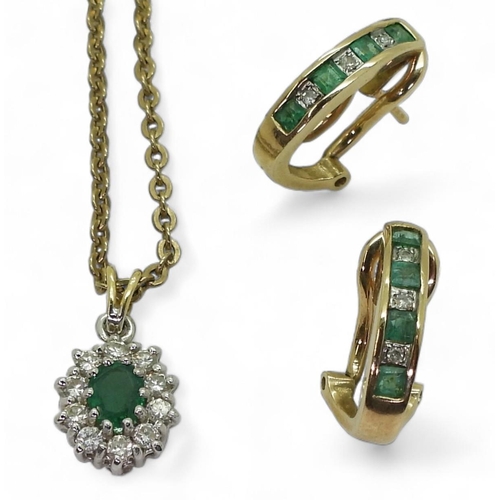 723 - A pair of 9ct gold emerald and diamond accent creole earrings, together with a 9ct 44cm trace chain,... 