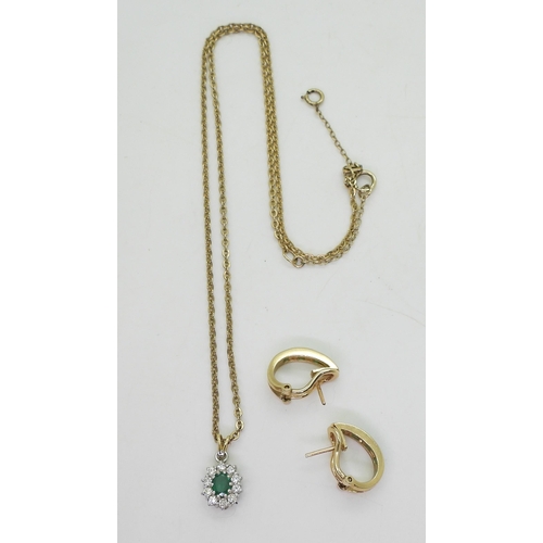 723 - A pair of 9ct gold emerald and diamond accent creole earrings, together with a 9ct 44cm trace chain,... 