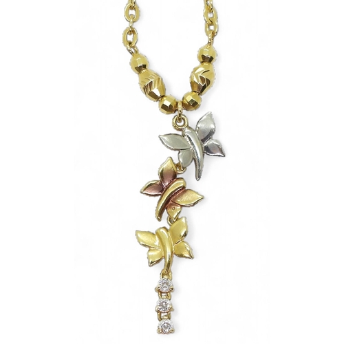 725 - An 18ct three colour gold butterfly necklace set with three cubic zirconia, length of chain 44cm, we... 