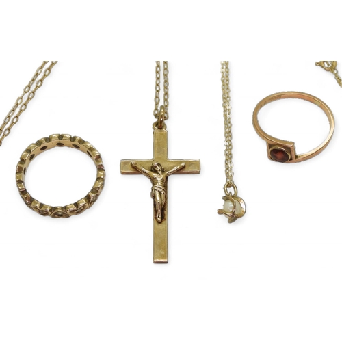 739 - A 9ct gold crucifix and 60cm chain, a pearl pendant and  chain, and a 9ct garnet ring and yellow met... 