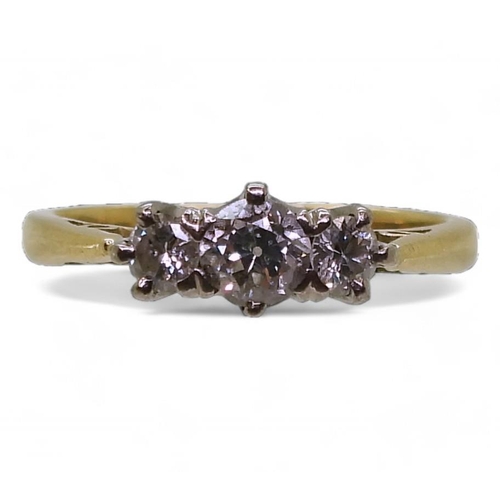 741 - An 18ct gold three stone diamond ring, set with estimated approx 0.45cts of old cut diamonds, finger... 