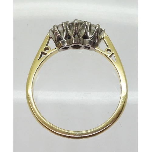 741 - An 18ct gold three stone diamond ring, set with estimated approx 0.45cts of old cut diamonds, finger... 