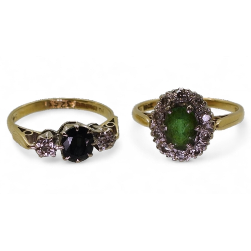 743 - An 18ct gold sapphire and diamond accent ring, size M, togwther with an (af) green gem and diamond r... 