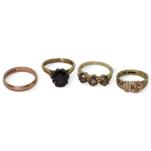 744 - Four 9ct gold rings, to include a rose gold court wedding ring, size K1/2, smoky quartz size M, a bu... 