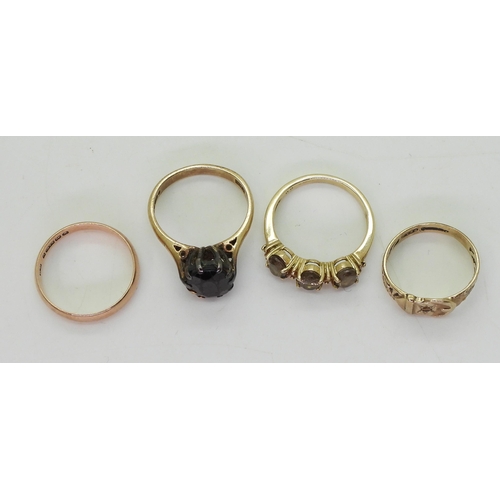 744 - Four 9ct gold rings, to include a rose gold court wedding ring, size K1/2, smoky quartz size M, a bu... 