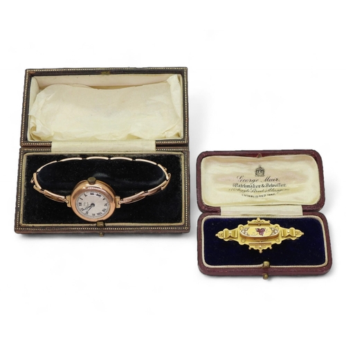 763 - A 9ct gold pink gem and pearl brooch, together with a 9ct gold ladies Watch and strap the dial marke... 