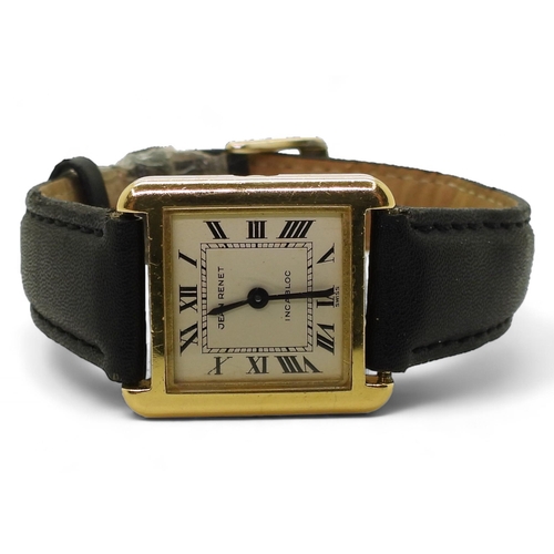 771 - An 18ct gold cased ladies Jean Renet IncaBloc watch with black leather generic strap, weight includi... 