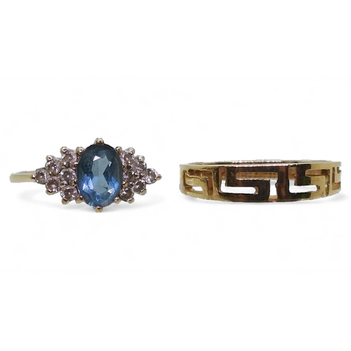 774 - A 9ct gold London blue topaz and cz cluster ring, size N, together with a 9ct Greek key pattern ring... 