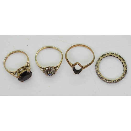 782 - Four 9ct and yellow metal rings, smoky quartz H1/2, eternity ring N, blue and clear gem M, and (af) ... 