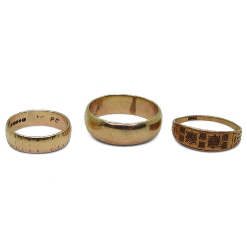 783 - Two 9ct gold wedding rings, size V1/2, M, and a further 9ct ring, size S, weight combined 11.4gms