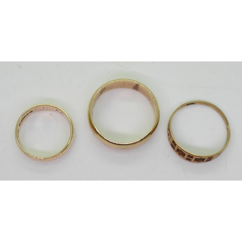 783 - Two 9ct gold wedding rings, size V1/2, M, and a further 9ct ring, size S, weight combined 11.4gms