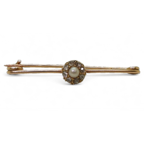 798 - A 15ct  gold pearl and rose curt diamond bar brooch, weight 3.4gms