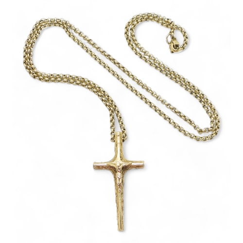 800 - A 9ct gold crucifix pendant, length 4.2cm and 62cm long chain, weight 15.5gms