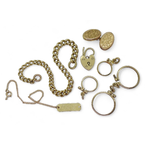 803 - A collection of gold and yellow metal, to include a 9ct heart shaped clasp and single cufflink, weig... 