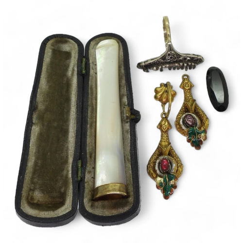 804 - A collection of vintage items, to include two Victorian yellow metal enamel and gem set earrings (af... 