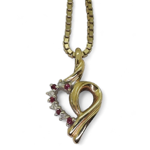 816 - A 9ct gold 45cm box chain, with a ruby and diamond accent heart shaped pendant , weight together 4gm... 