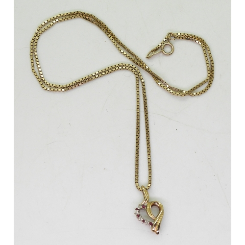 816 - A 9ct gold 45cm box chain, with a ruby and diamond accent heart shaped pendant , weight together 4gm... 