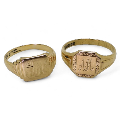 827 - Two 9ct gold signet rings, stepped shoulders size S, AM monogrammed size X, weight together 9gms