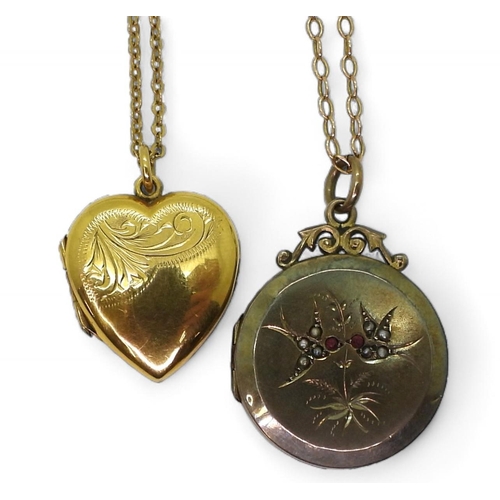 829 - Two yellow metal lockets one depicting love birds, set with red gems and pearls, the other engraved,... 