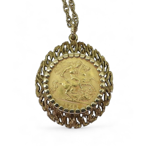 833A - A gold 1913 half sovereign in a 9ct gold retro pendant mount, with a 9ct gold 54cm rope chain, weigh... 