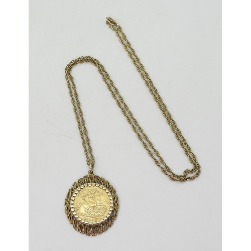 833A - A gold 1913 half sovereign in a 9ct gold retro pendant mount, with a 9ct gold 54cm rope chain, weigh... 