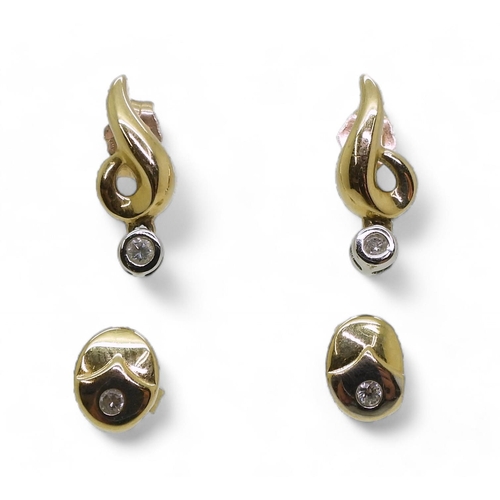 836 - A pair of diamond drop earrings, and a pair of yellow metal earrings set with cz, weight 2.2gms