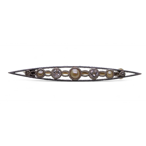 838 - A yellow and white metal old cut diamond and pearl pierced bar brooch, weight 2.3gms, retailed by P.... 