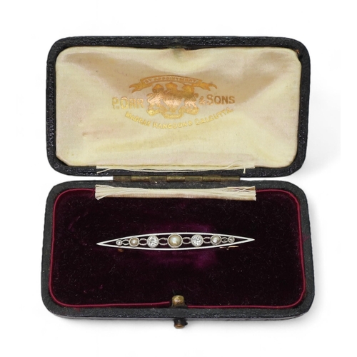 838 - A yellow and white metal old cut diamond and pearl pierced bar brooch, weight 2.3gms, retailed by P.... 