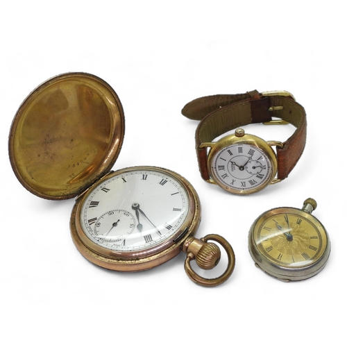 846 - A gold plated pocket watch, together with a a further pocket watch example and a Sekonda wristwatch