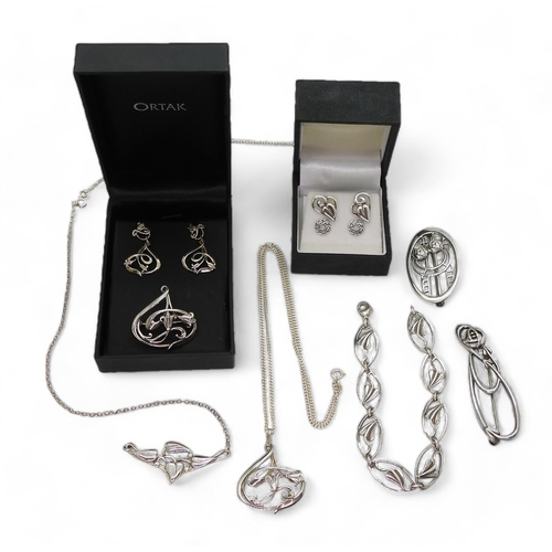 850 - Collection of Silver jewellery marked Ortak, including earrings, a brooch and a pendant, with boxes,... 