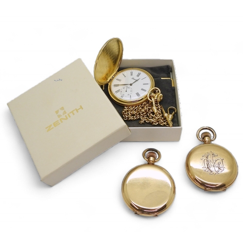 868 - A modern gold plated Zenith full hunter pocket watch, together with two vintage examples a Waltham w... 