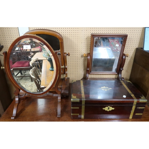 12 - A lot comprising three assorted adjustable dressing mirrors and a rosewood brass bound writing slope... 